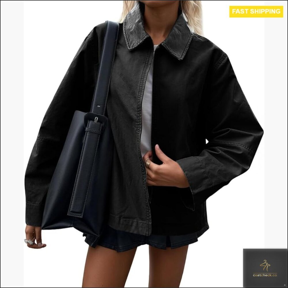Oversized Cotton Canvas Barn Jacket Lightweight Casual Zip Up Coat